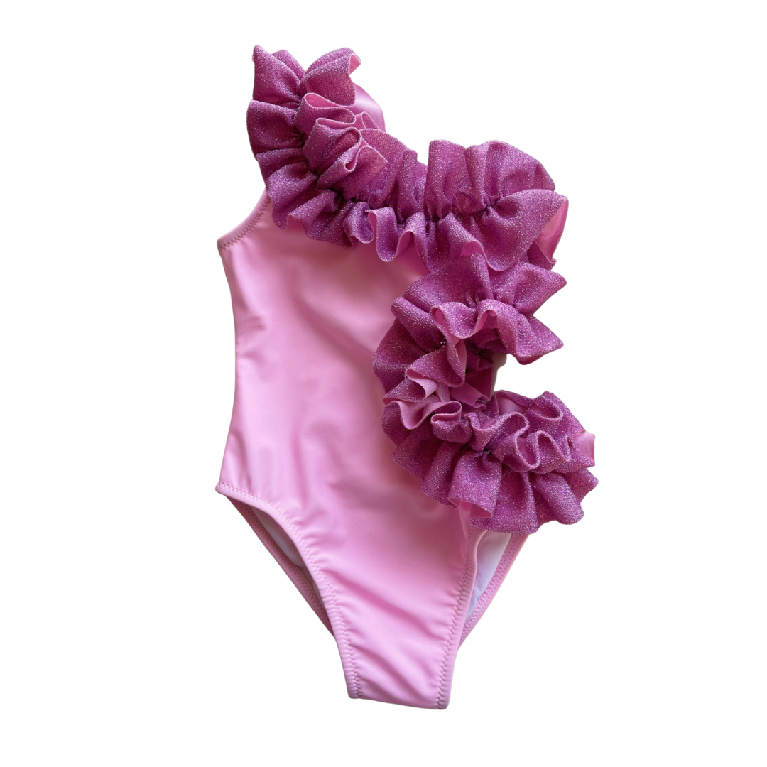 One-shoulder glitter ruffles for girls