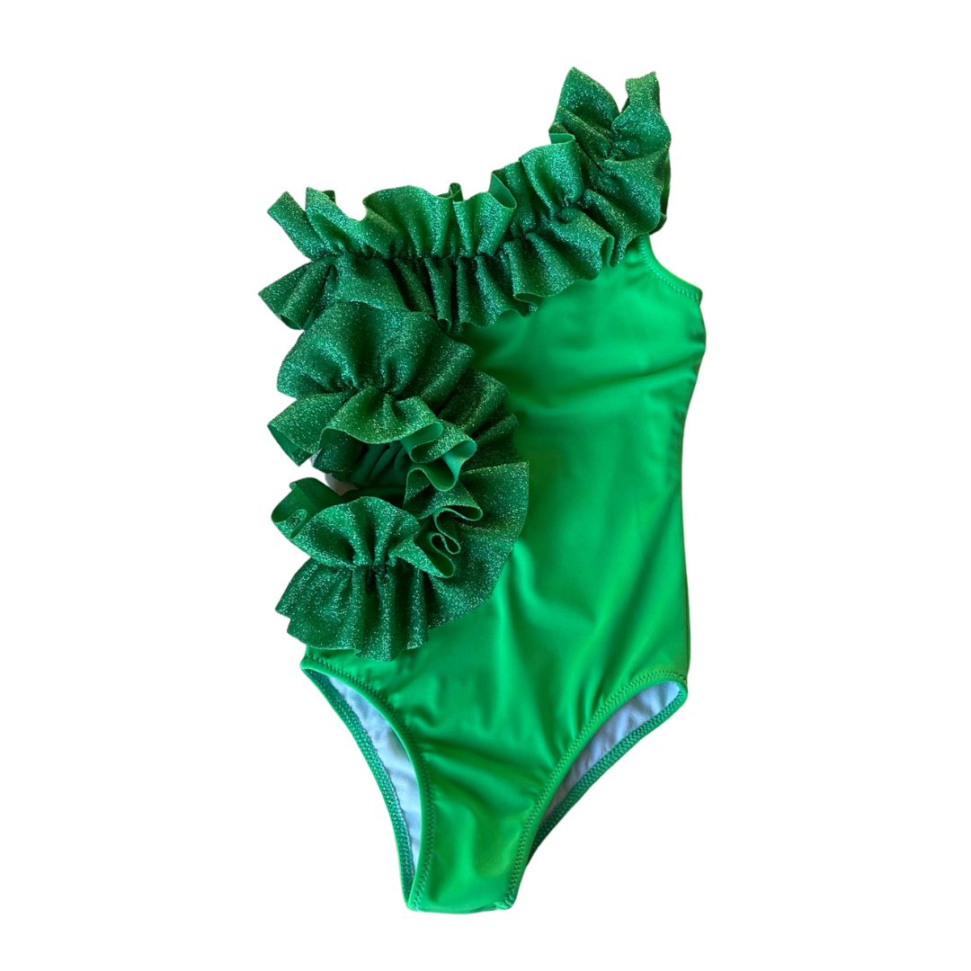 One-shoulder green ruffles glitter dress for women