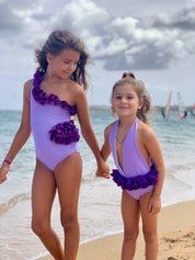 One-shoulder lilac dress with glitter ruffles for girls