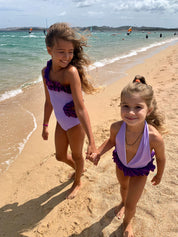 One-shoulder lilac dress with glitter ruffles for girls