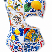 Women's one-shoulder trikini with Sicilian print - majolica 